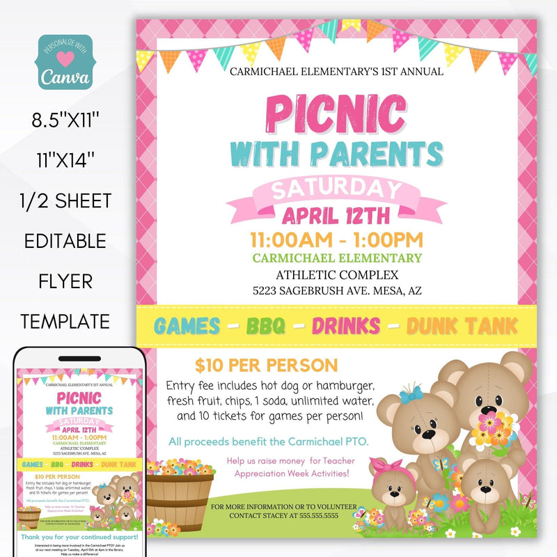 picnic with parents donuts with dad grownups muffins with mom mothers fathers day flyer invitation editable template set