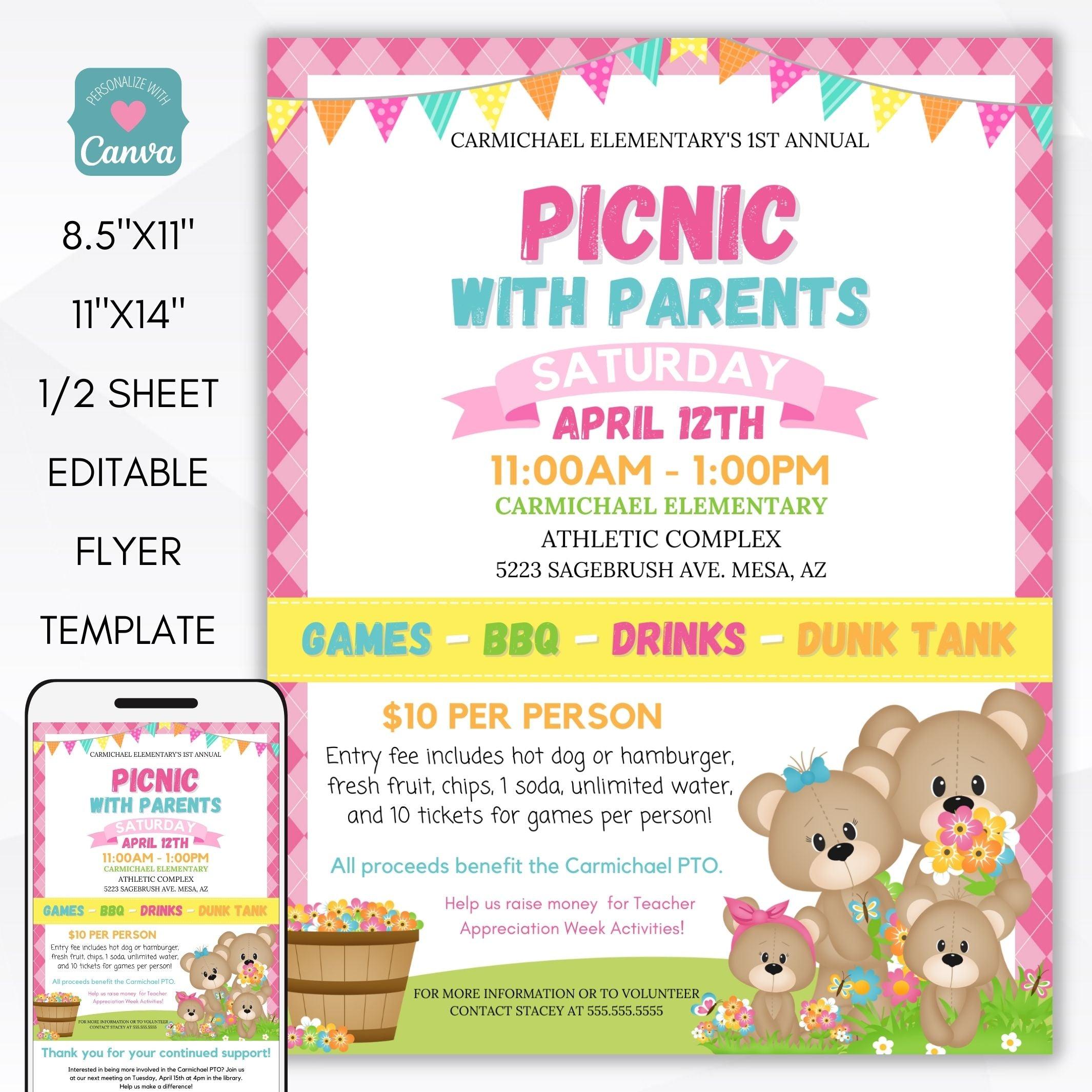 picnic with parents donuts with dad grownups muffins with mom mothers fathers day flyer invitation editable template set