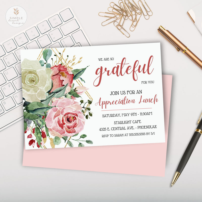 elegant watercolor floral appreciation lunch invitation with gold accents and script typography design by simple desert designs