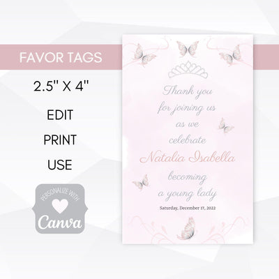 pastel pink butterfly quinceanera thank you tags