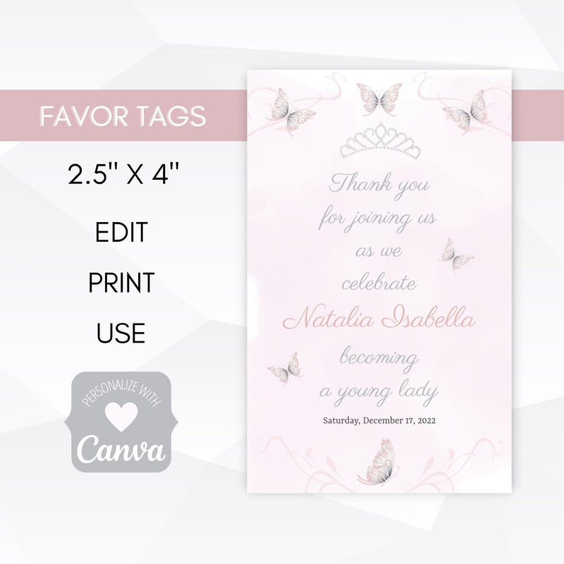 pastel pink butterfly quinceanera thank you tags
