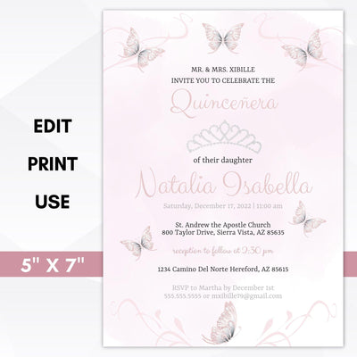 pink butterfly quinceanera invitation template