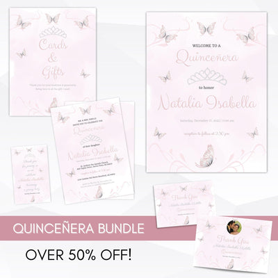 pink butterfly quineanera invitation suite