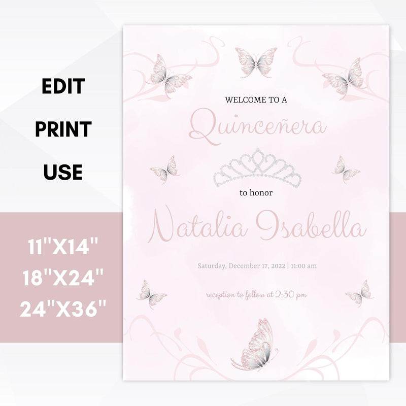 pink butterfly quinceanera party signs