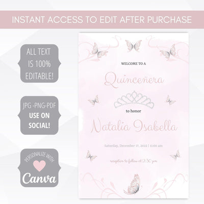 pastel pink butterfly silver tiara welcome sign