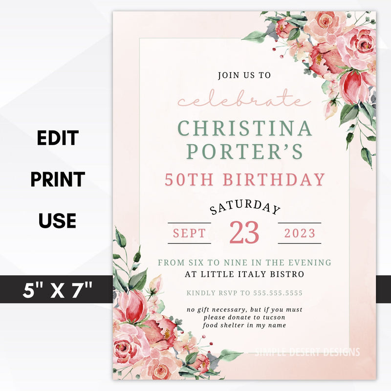 pink rose editable invitation template