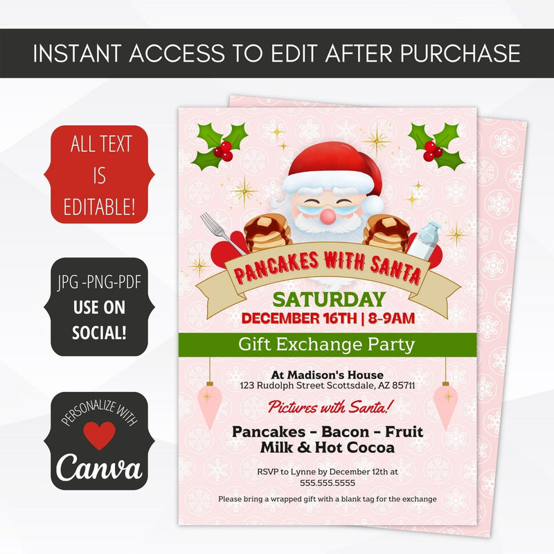 pink pancakes with santa party invitation