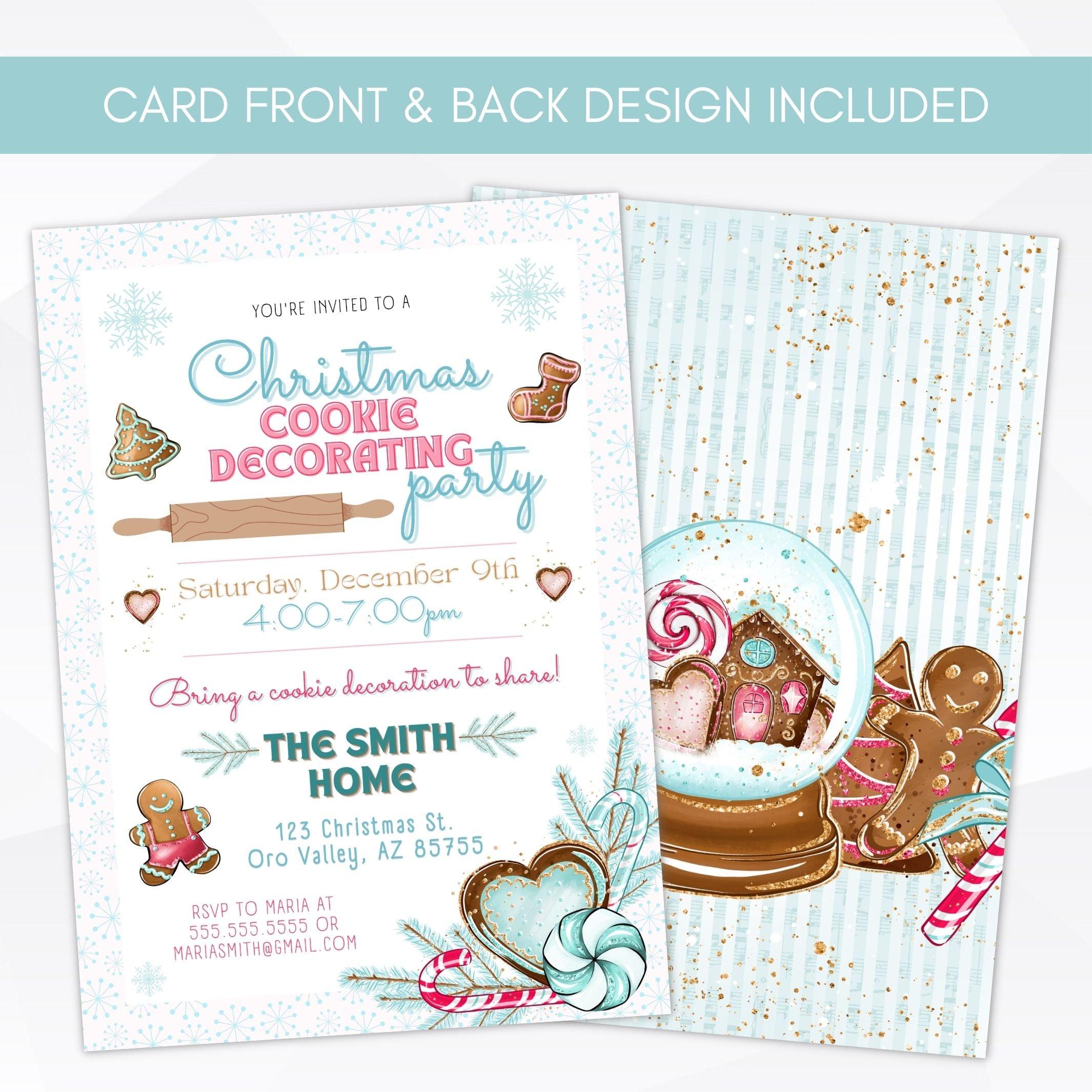 Cute pink and blue christmas cookie decorating party invitation for kids and adults or women's groups printed showing front and back with gingerbread cookies, pine and candy canes