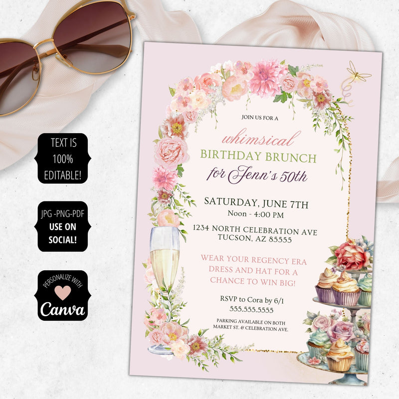 elegant birthday brunch invitation for cottage core and regency era fans