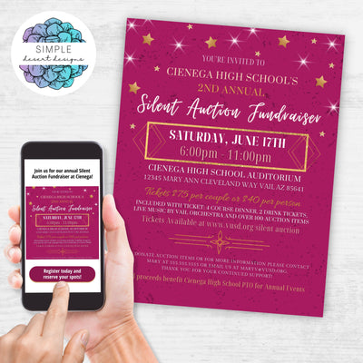 Elegant magenta pink and gold silent auction fundraiser flyers set