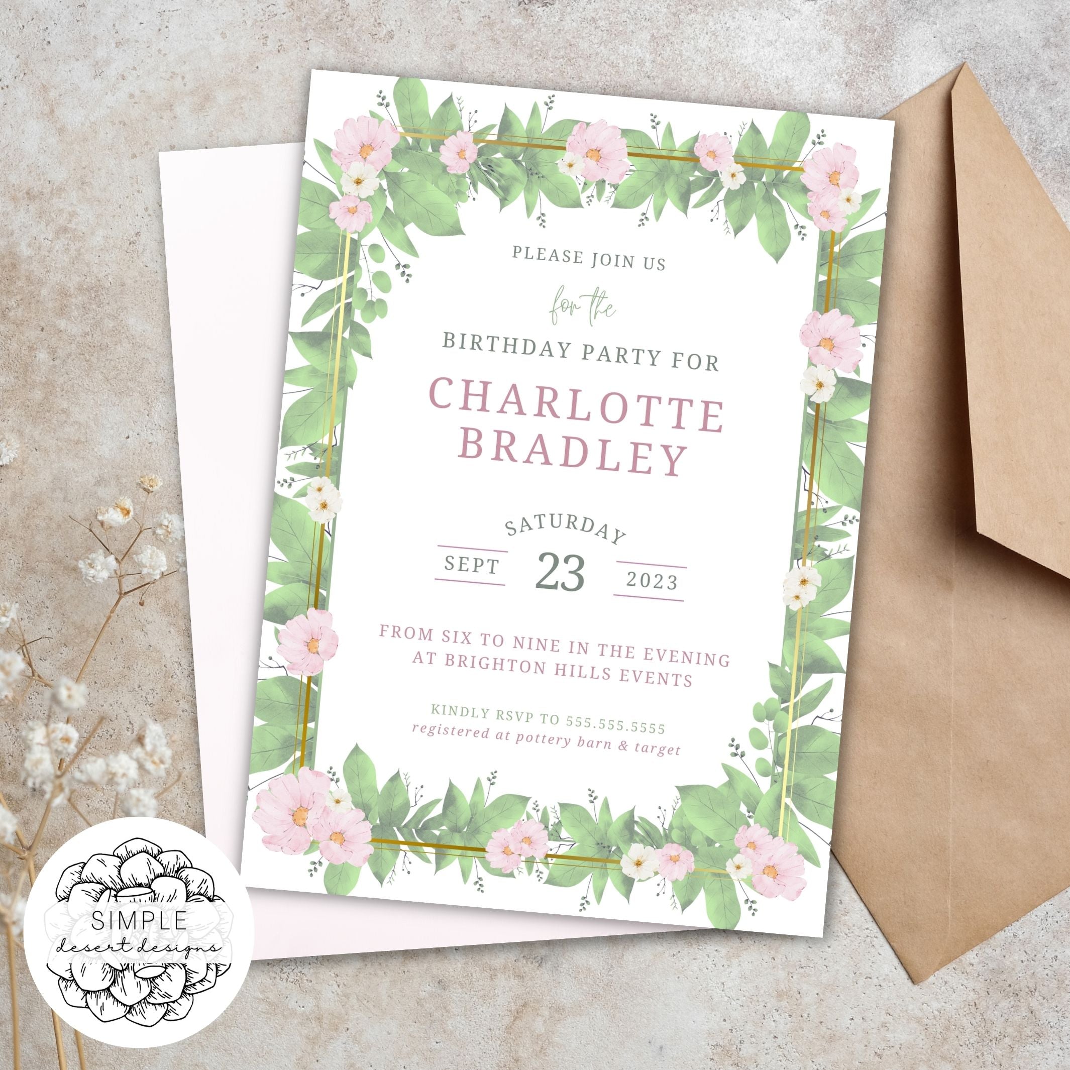 elegant pink floral birthday invite with greenery and gold accents