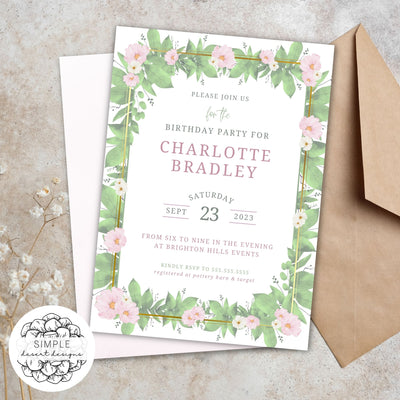 elegant pink floral birthday invite with greenery and gold accents