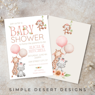 adorable baby shower invitation with safari theme for baby girl on the way party