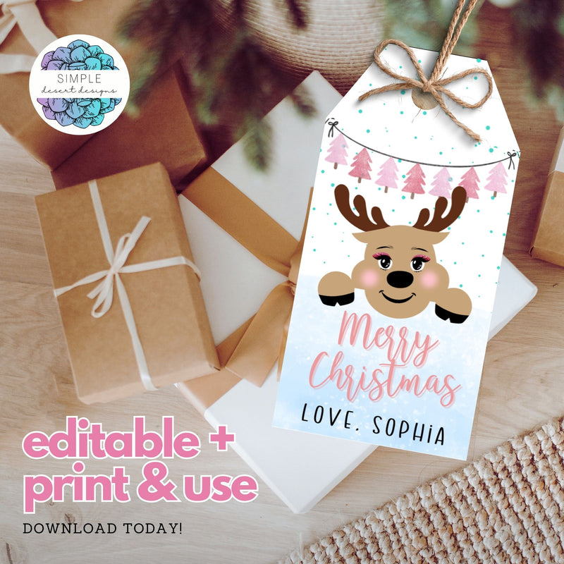 cute girly reindeer with Merry Christmas gift tag for kids adults teacher appreciation gift tags set