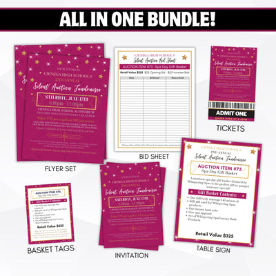 save when you purchase this entire bundle of hot pink magenta silent auction fundraiser flyers, bid sheets, tickets, basket tags, invitations and table sign templates