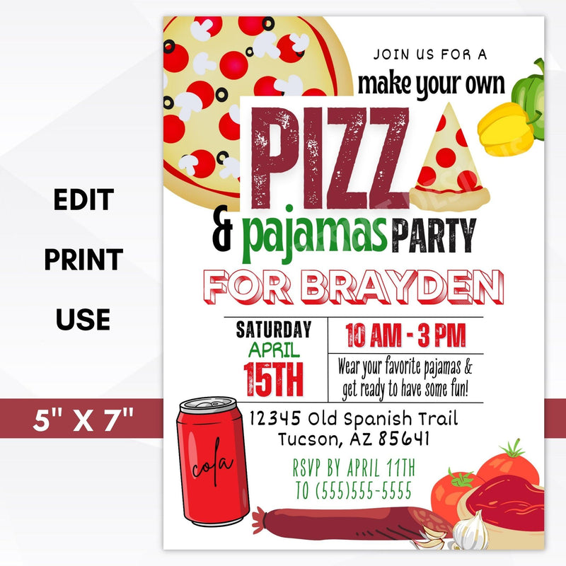 Pizza and pajamas party invitations