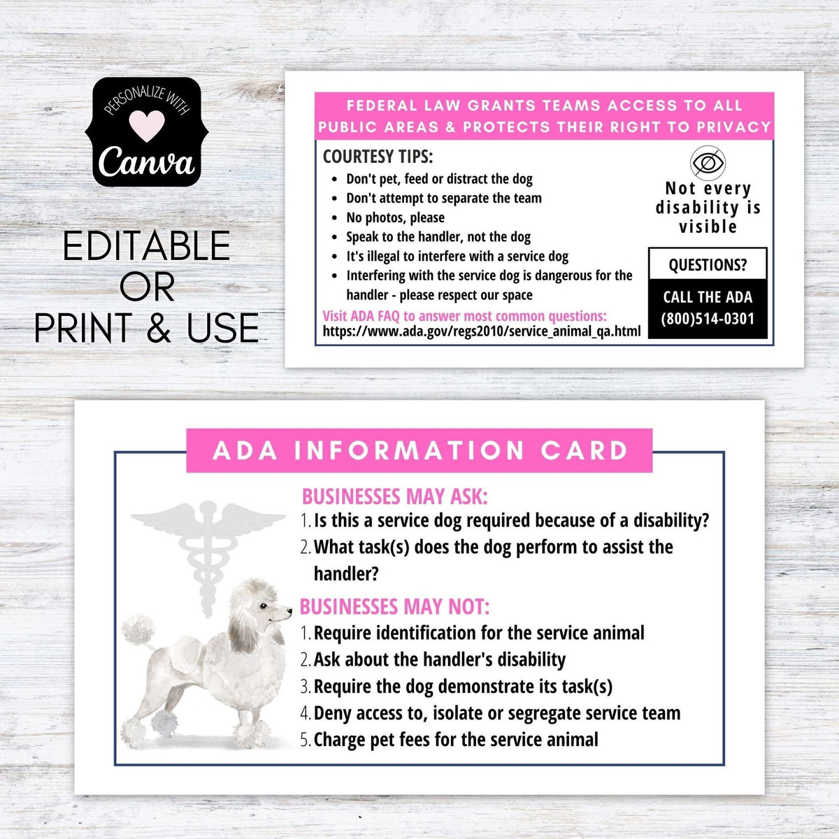 ADA Accessibility Cards | Printable Service Dog & Assistance Cards