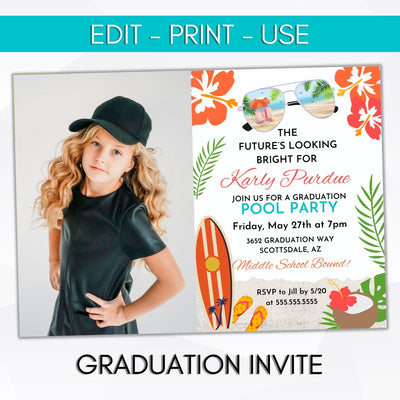 fully editable graduation pool party invitation tropical hawaiian themed luau graduation invitation