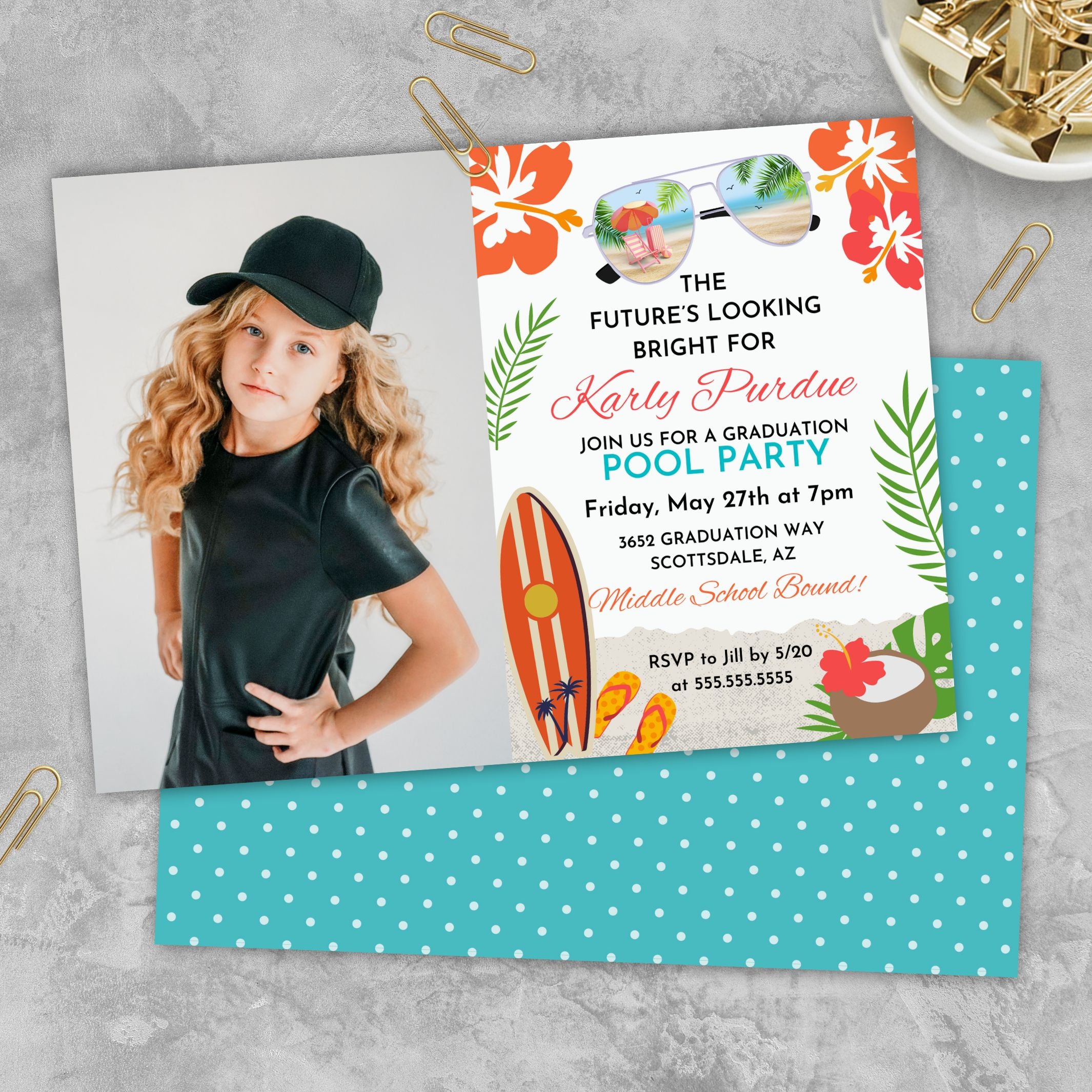 Graduation party invitation with a photo of a girl on a gray surface