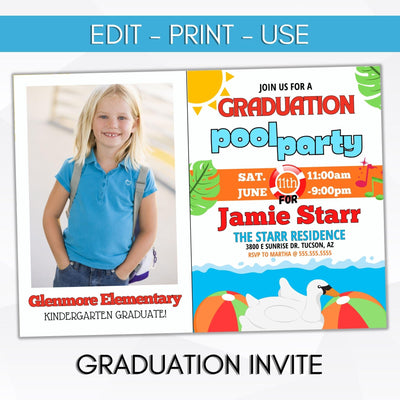 fully editable graduation pool party invitation tropical hawaiian themed luau graduation invitation