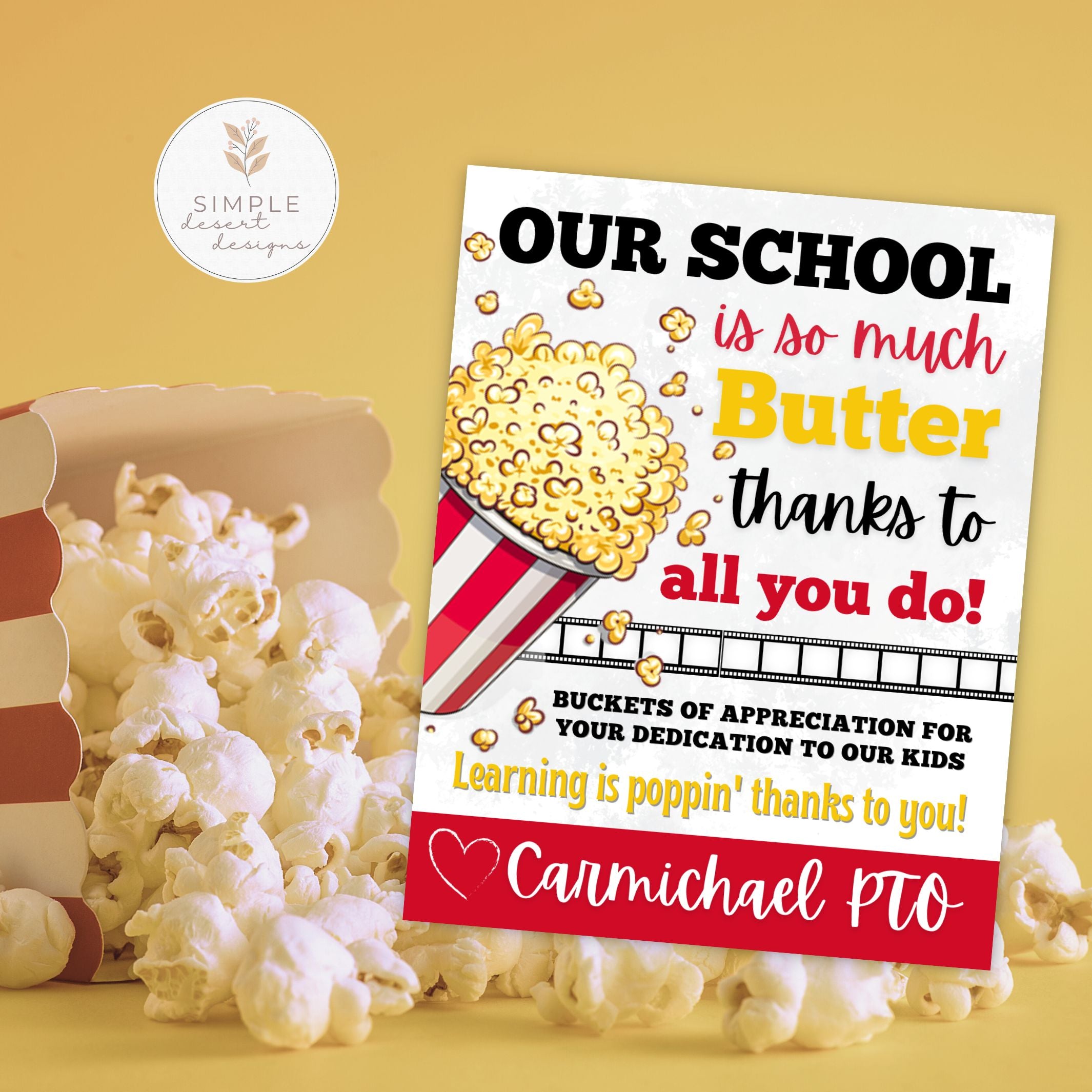 editable teacher appreciation tag with popcorn theme says our school is so much butter thank to all you do! room for school pto or student signature.