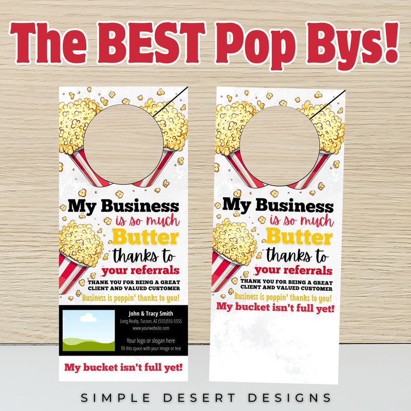 customizable pop by door hangers with popcorn theme and space for business card