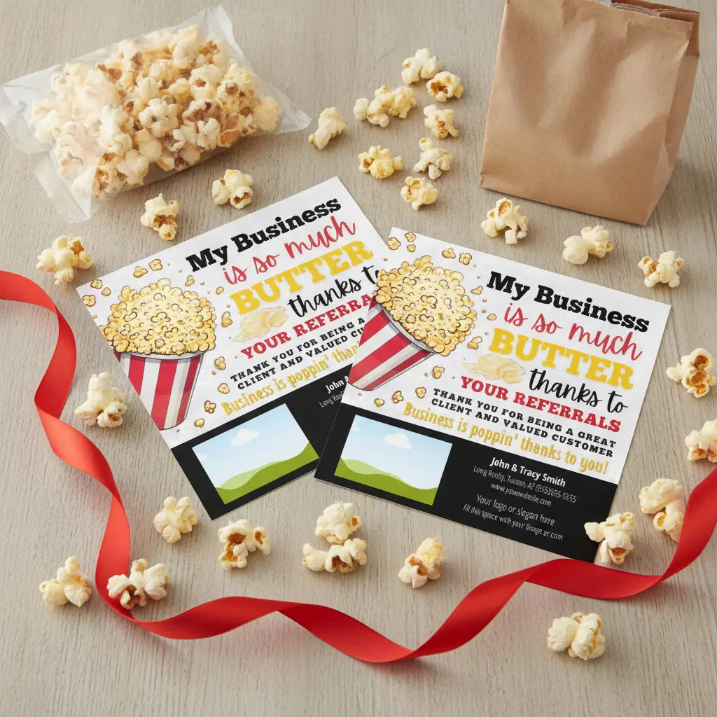 Two promotional cards with popcorn graphics and text with built in business card information on a table with popcorn and a brown bag for small businesses and realtors.