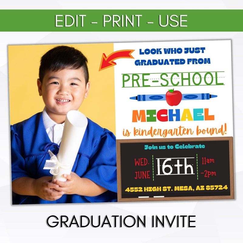 editable photo invitation kindergarten daycare preschool graduate teacher template