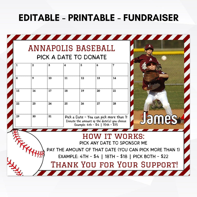 Premium Baseball Cash Calendar Fundraiser Simple Desert Designs