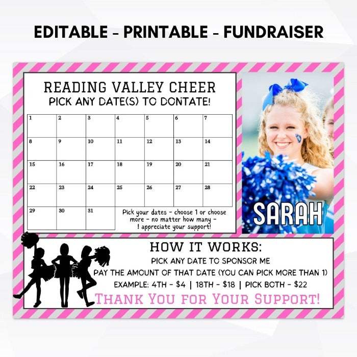 cheer pom pom dance line spirit club team fundraiser cash calendar pick a date to donate fundraising idea
