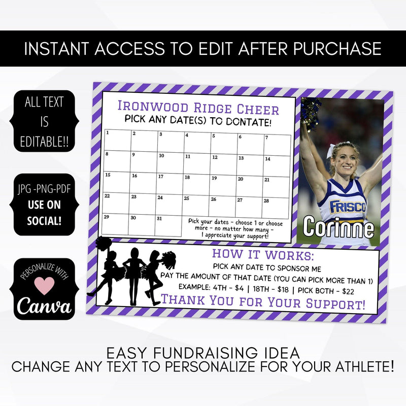 editable printable personalized cheerleading fundraiser calendar template