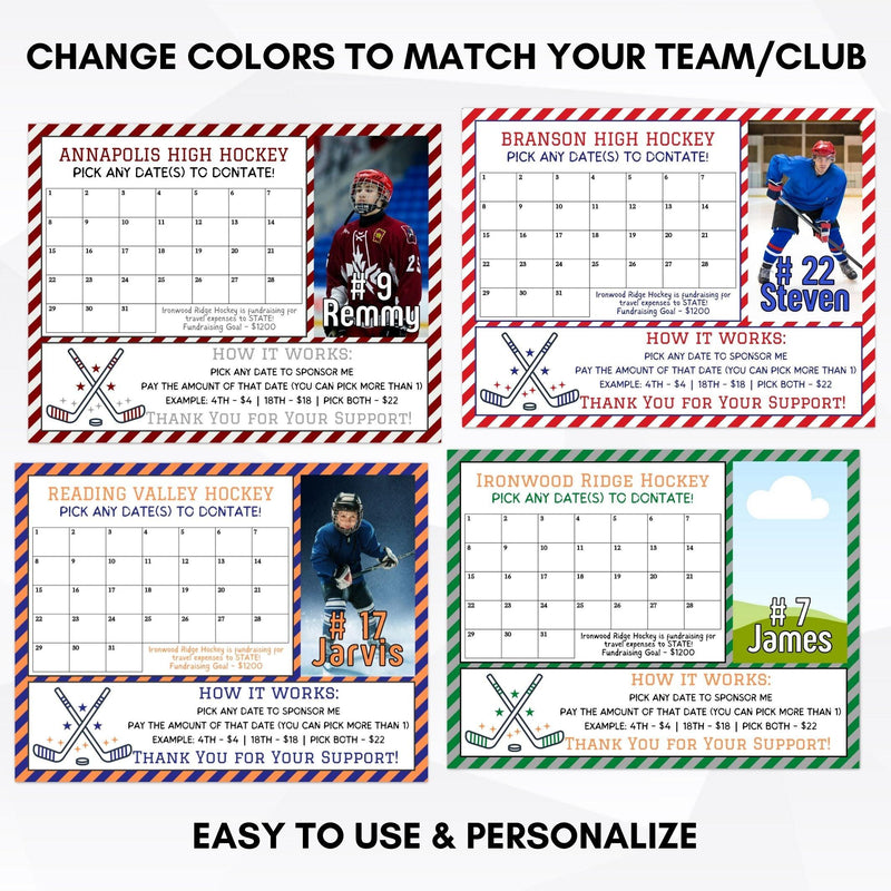 hockey player  team fundraiser cash calendar pick a date to donate fundraising idea