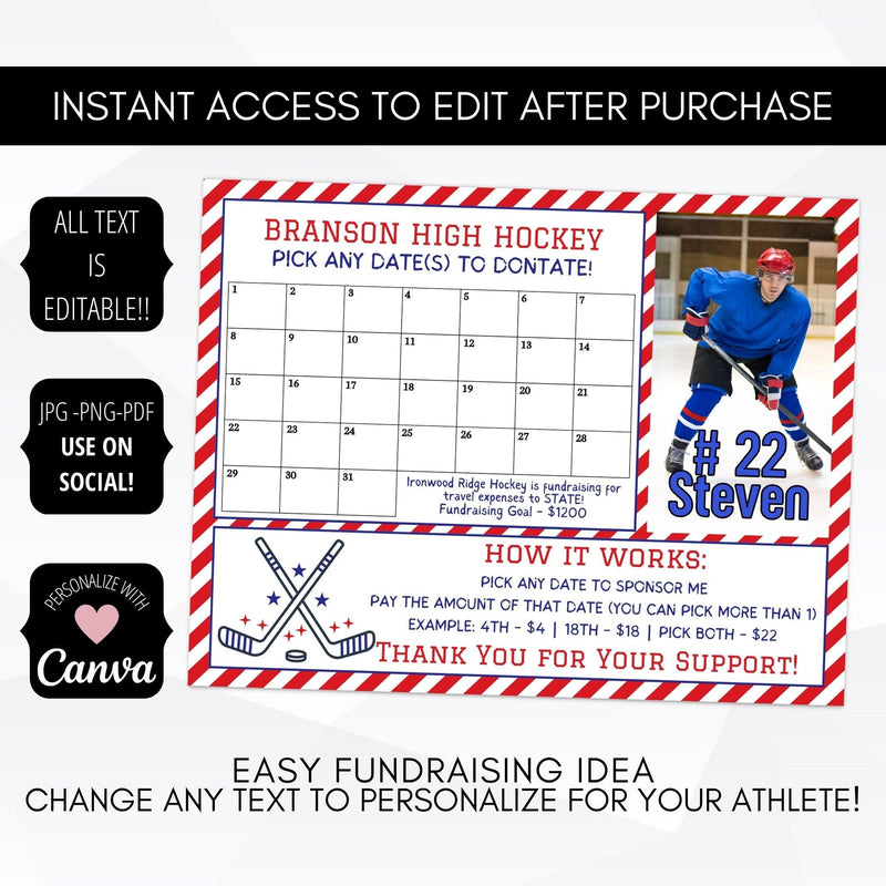 editable printable personalized hockey fundraiser calendar template