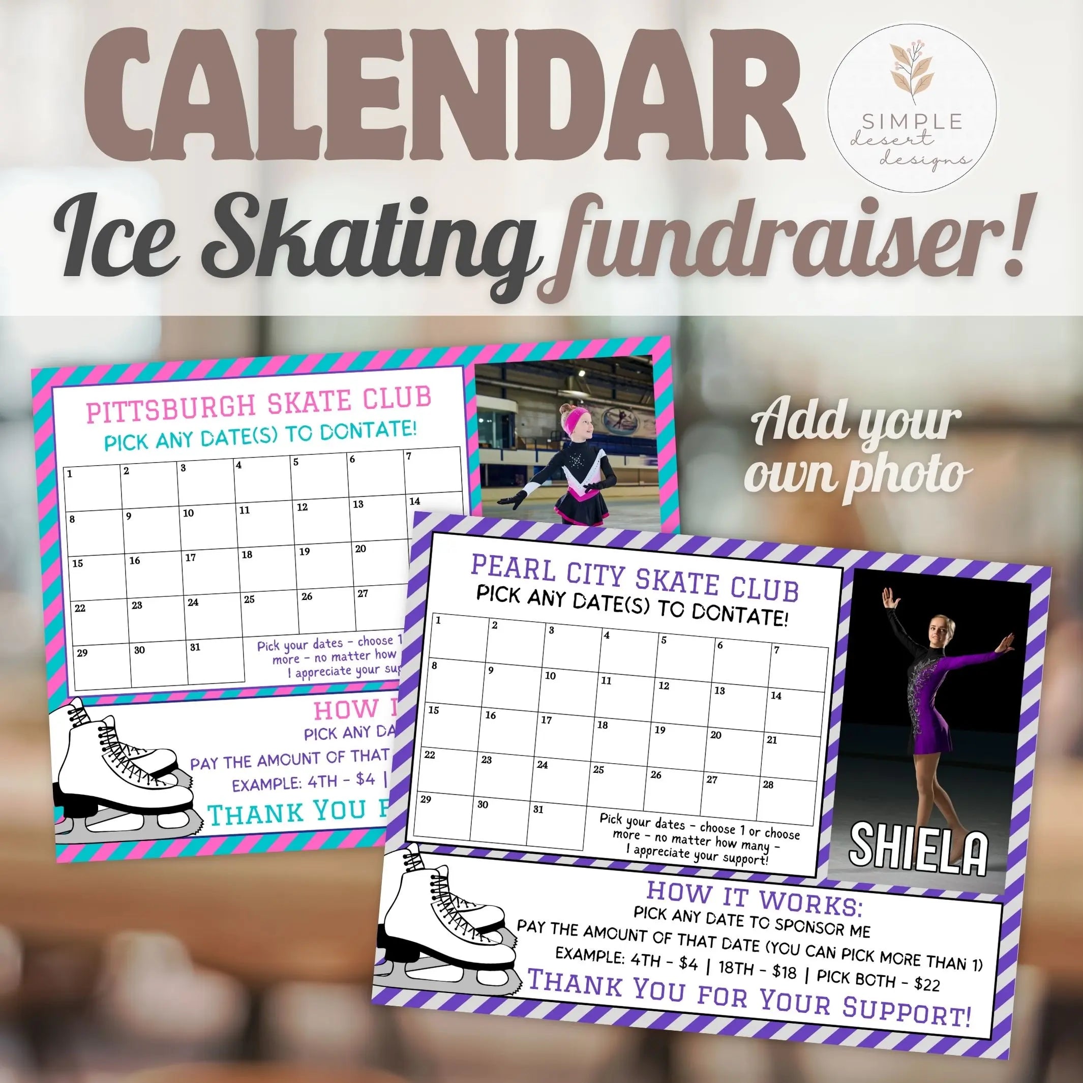 Ice skating fundraiser calendar with customizable options and branding.