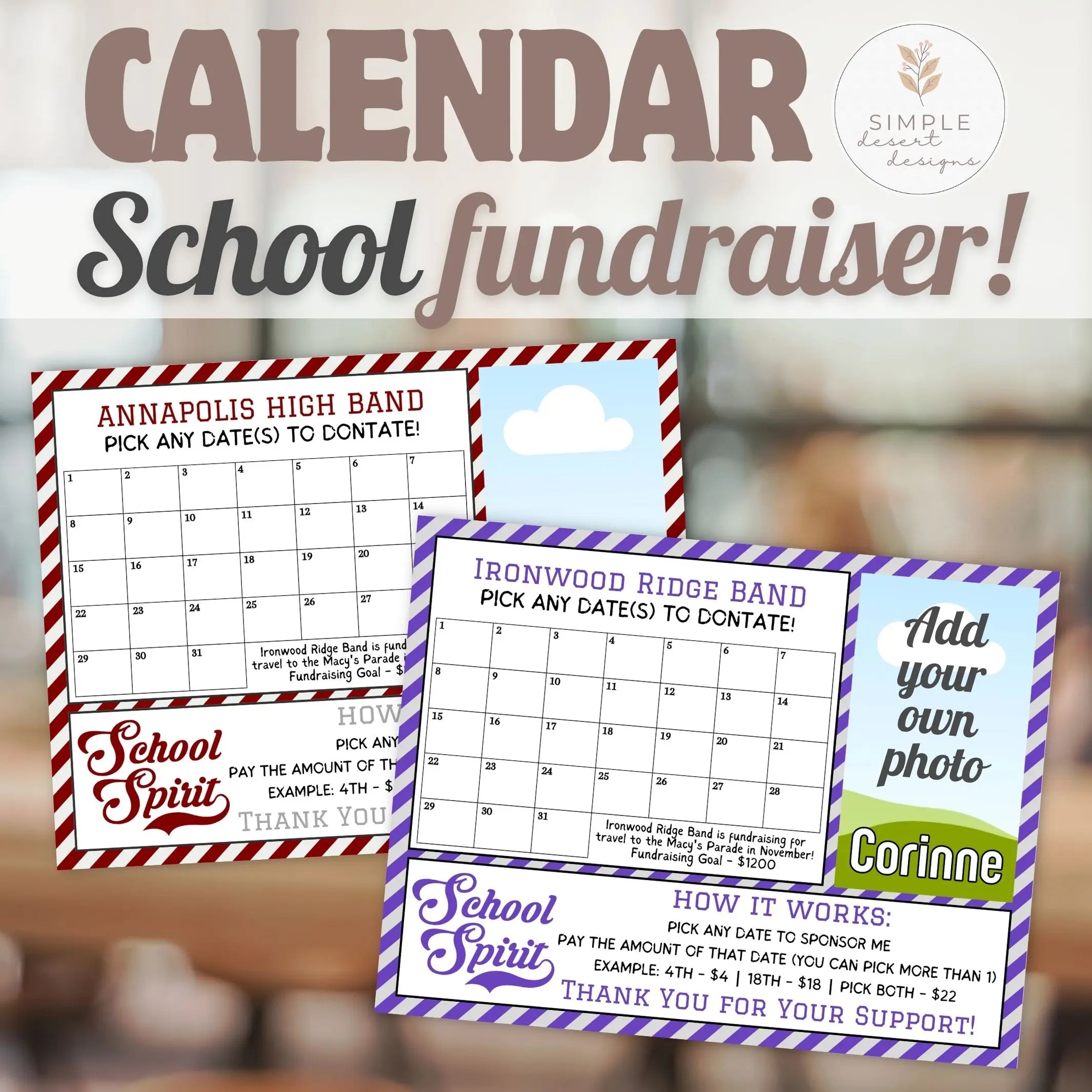 Calendar design for school fundraiser with text and branding where all colors and photo can be customized for a fun school spirit fundraiser.