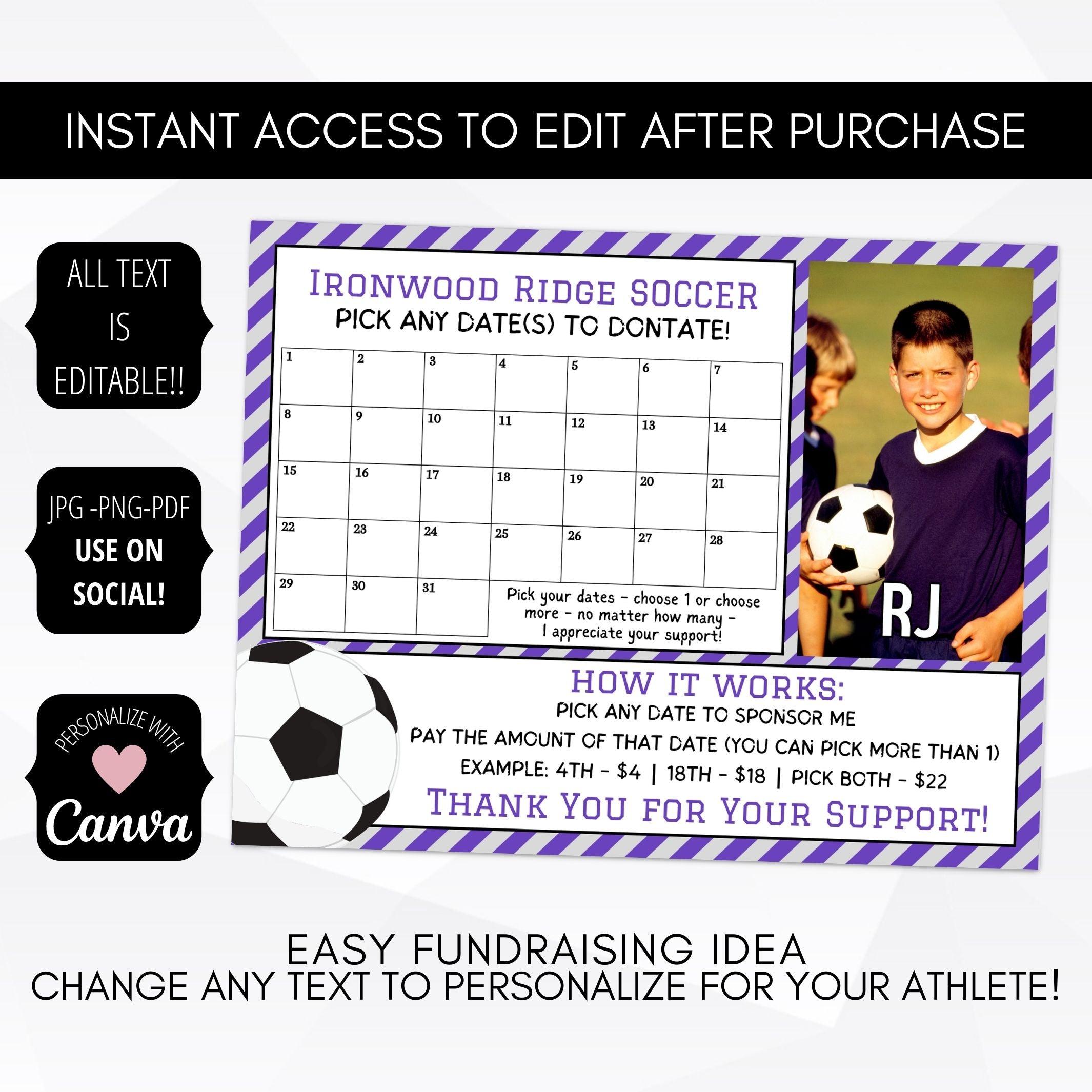 Editable Pick A Date To Donate Soccer Fundraiser Calendar 
