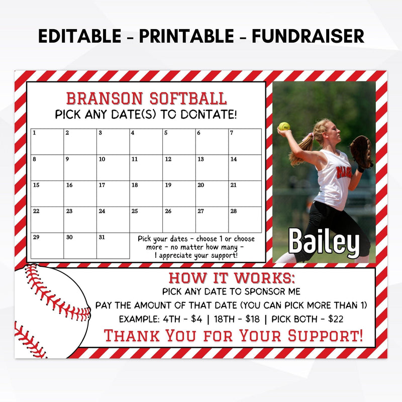 softball cash calendar fundraiser