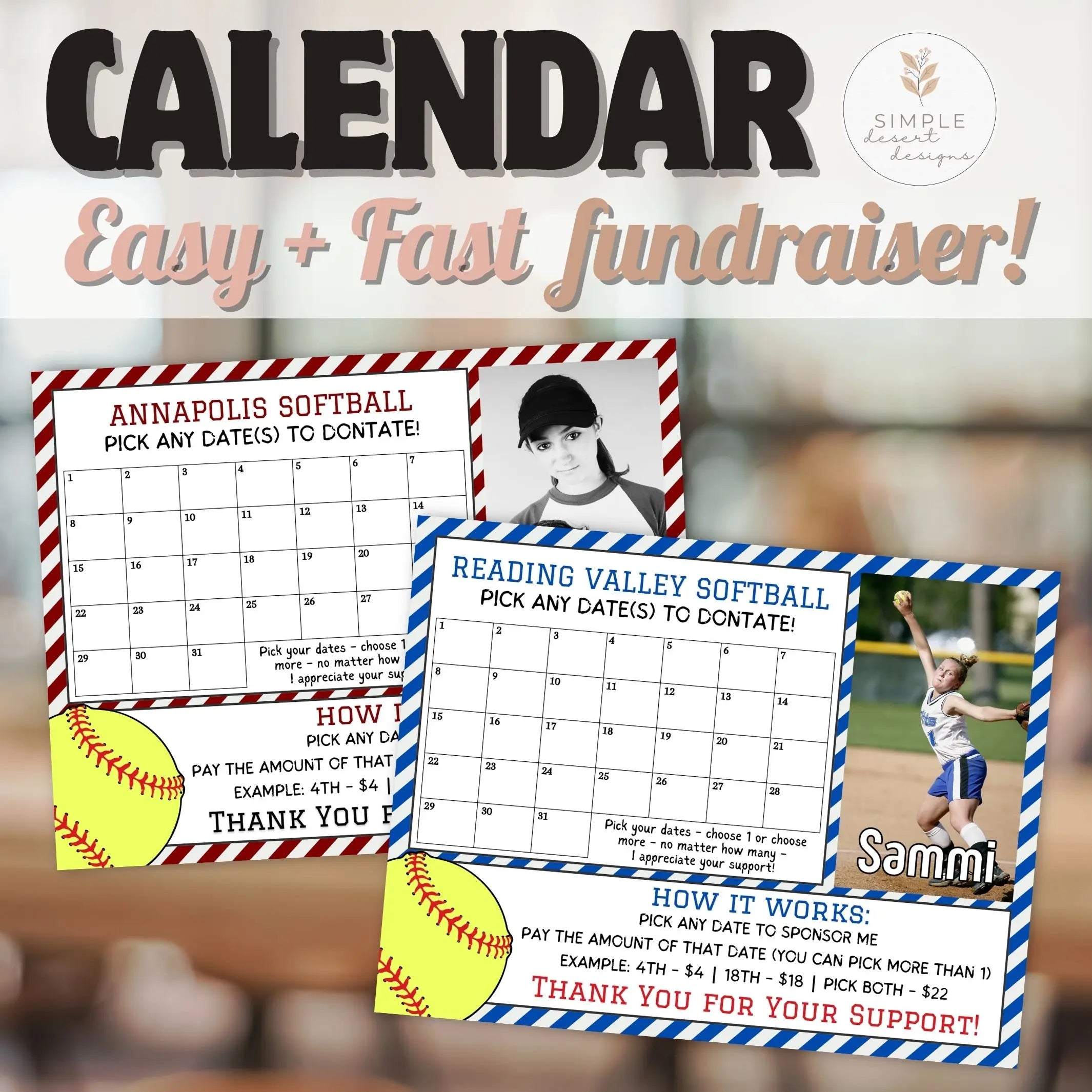 Image of 2 versions of a softball calendar fundraiser flyer with customized colors and photos for softball team fundraising event.