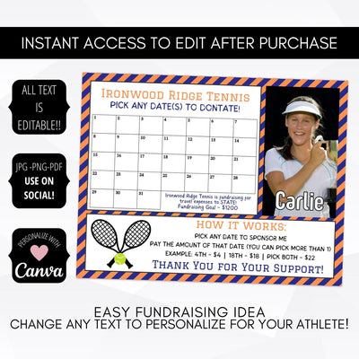 editable printable personalized tennis fundraiser calendar template