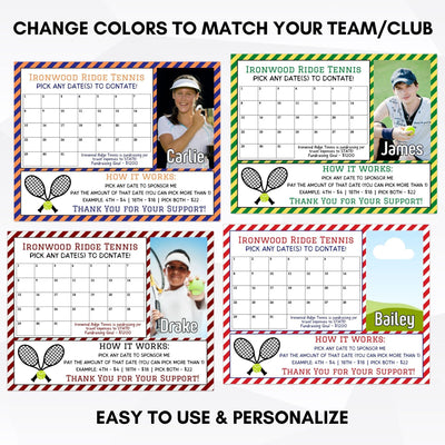 tennis player team fundraiser cash calendar pick a date to donate fundraising idea