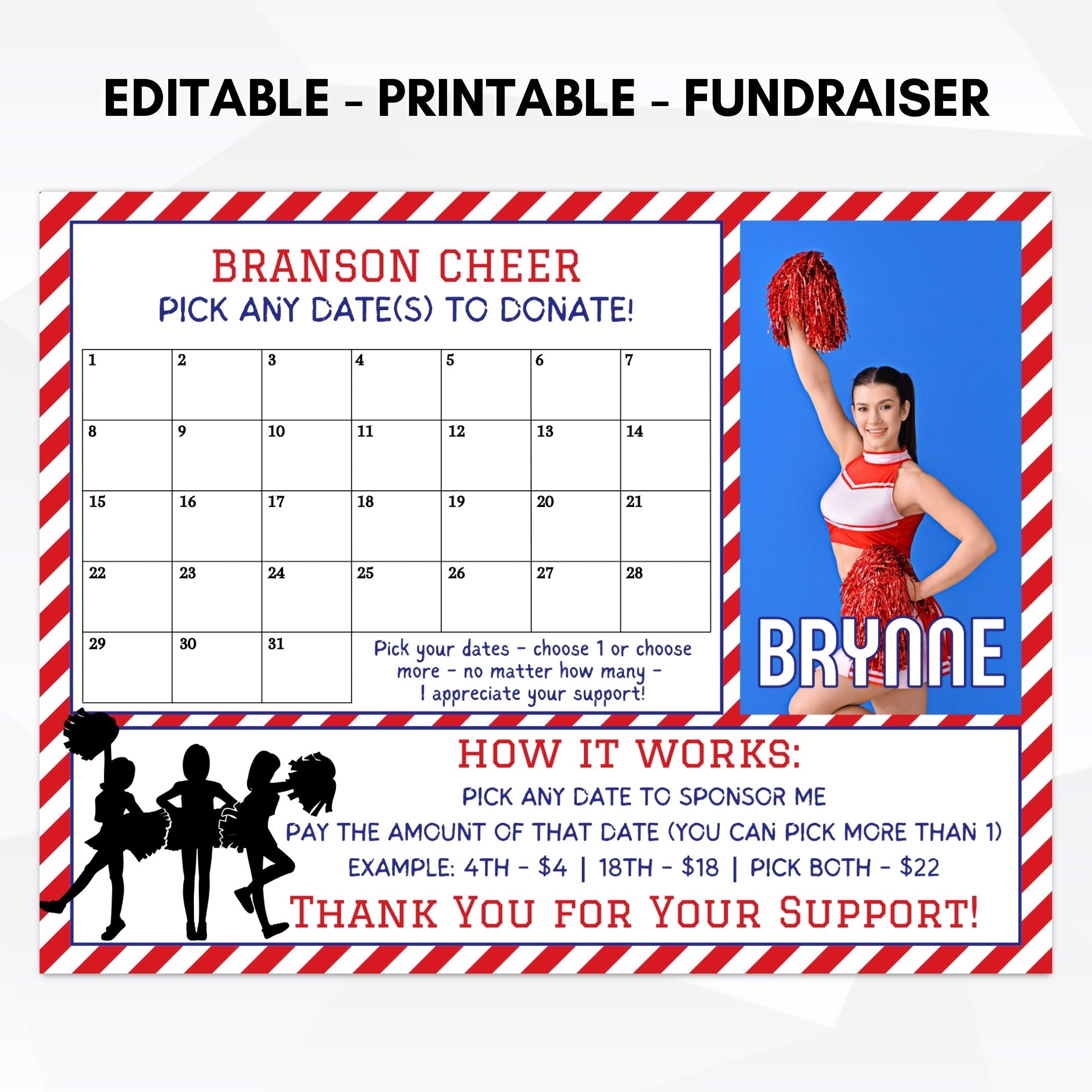Cheerleading fundraiser flyer with calendar and cheerleader image, featuring the name Brynne.