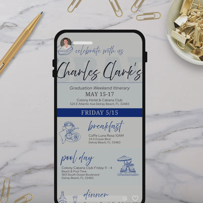 Cell phone displaying editable graduation itinerary for weekend celebrations on marble surface with customizable text and graphics.