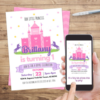 cute pink and purple pincess birthday party invitation with unicorns and a castle