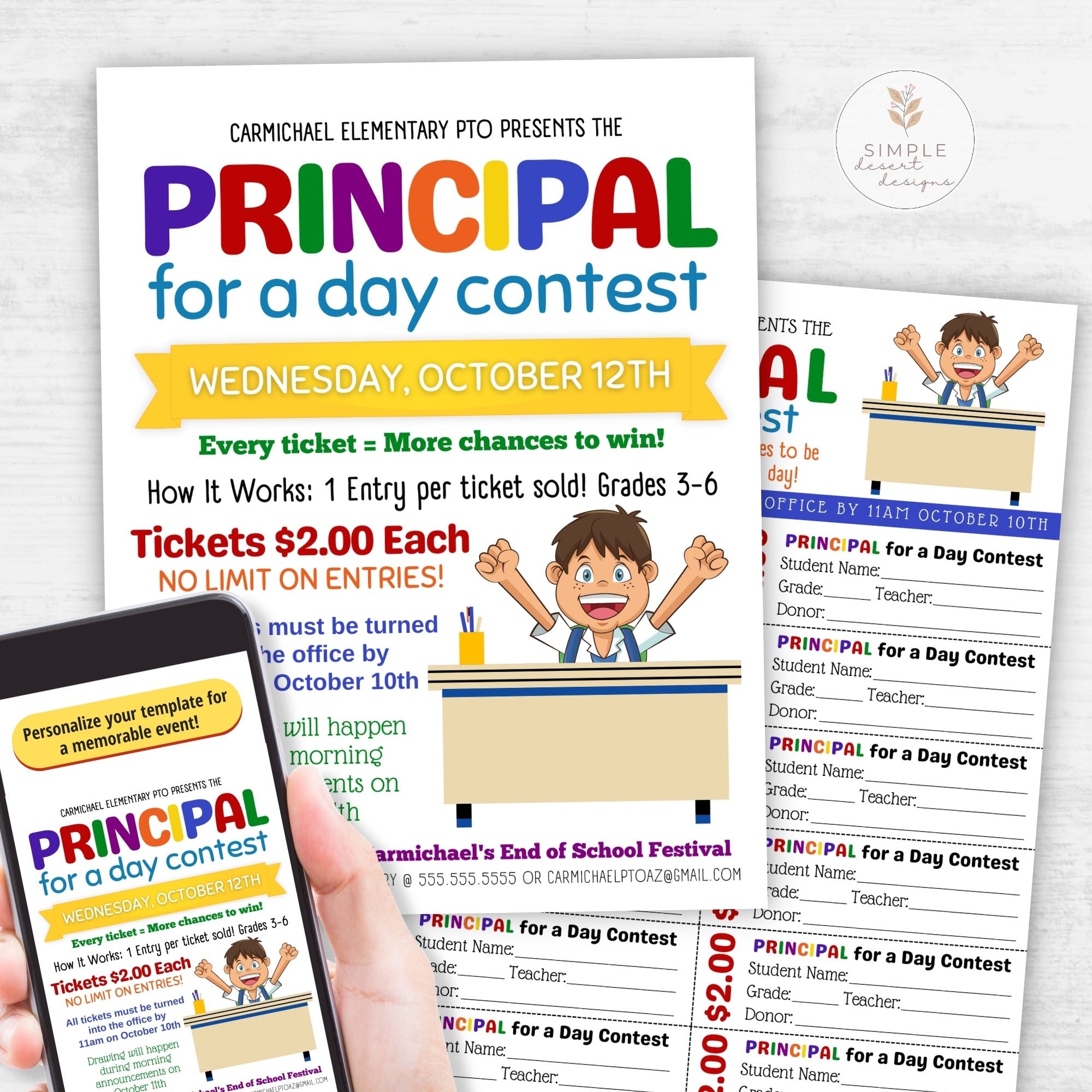 Promotional flyer for 'Principal for a Day' contest with colorful text and cartoon images.