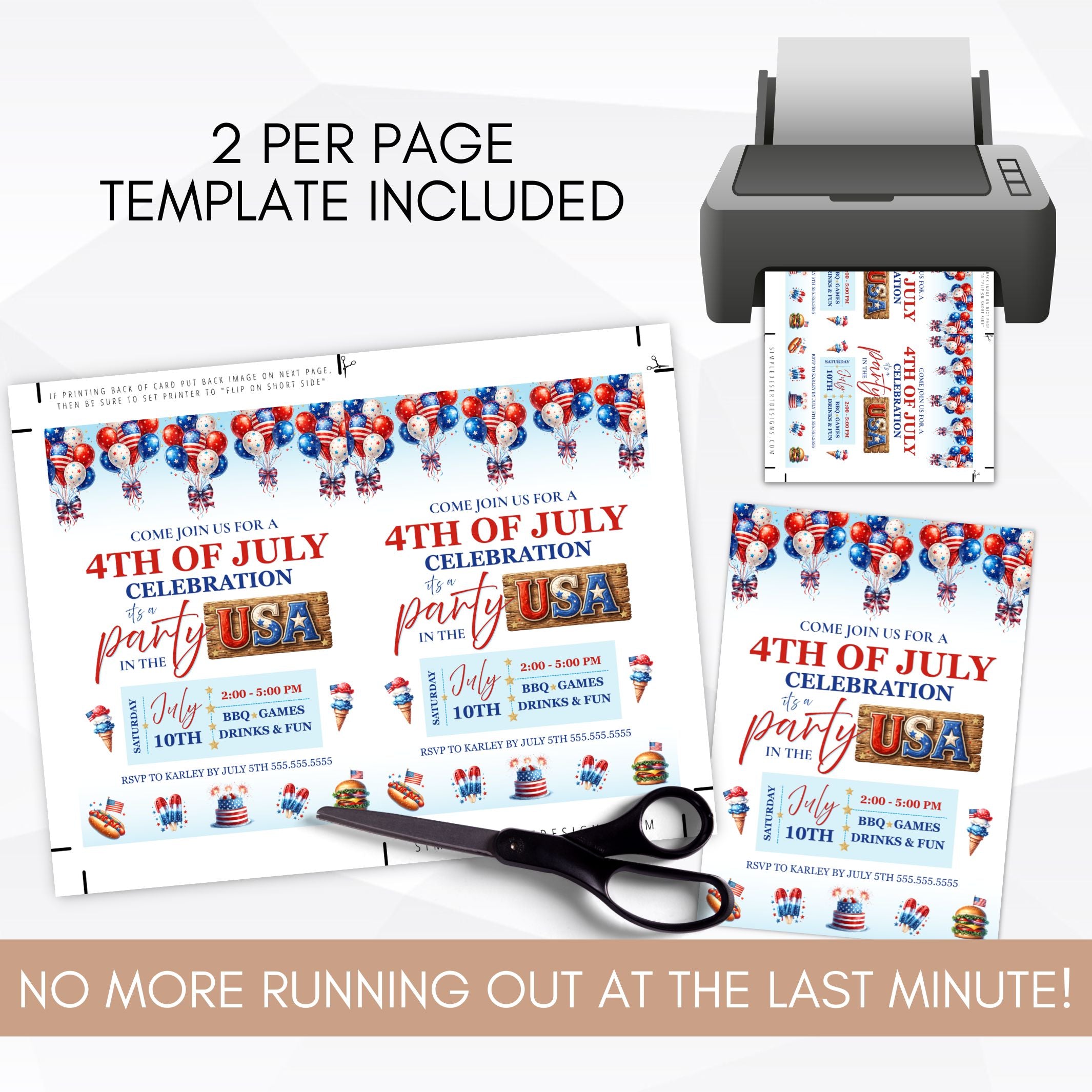 Independence Day party invitations with USA theme, printer, scissors, and text about 2 per page template.