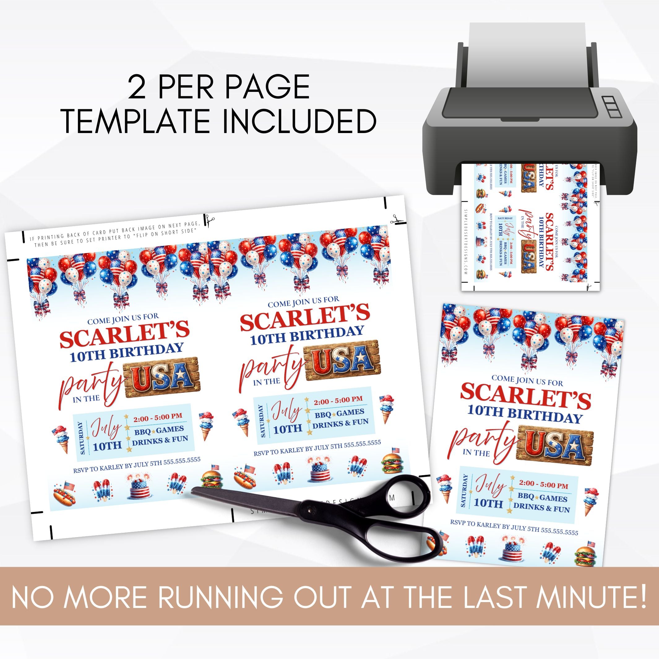 Birthday party invitations with USA theme, printer, scissors, and text about 2 per page template.