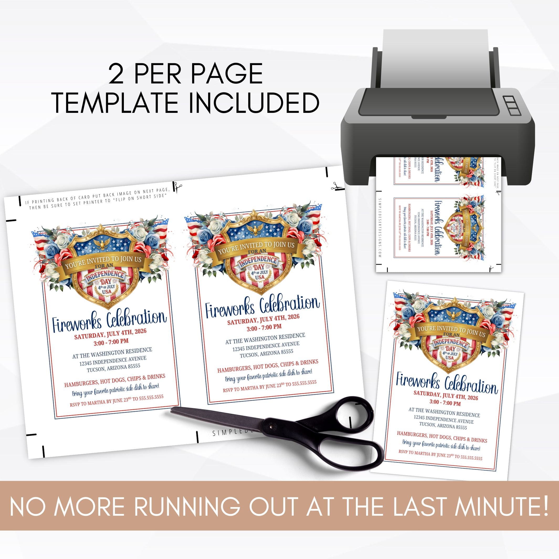 Printed invitations with a printer, scissors, and text about a 2-per-page template.