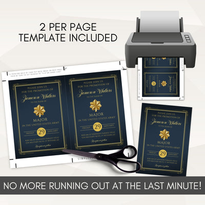 Promotional graphic for a print template with a printer, scissors, and printed military promotion invitations.