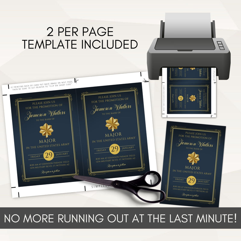 Promotional graphic for a print template with a printer, scissors, and printed military promotion invitations.