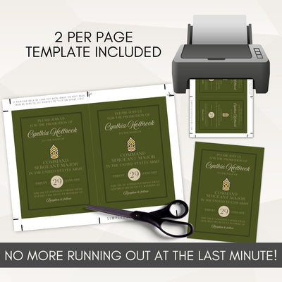 Green invitation cards with text, printer, scissors, and text '2 per page template included'.